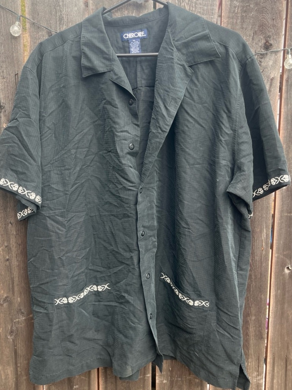 Cherokee Black Short-Sleeve Shirt Jacket with White Embroidery